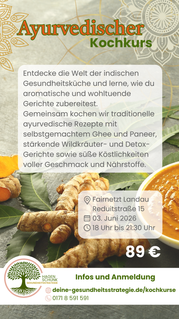 Flyer für den Ayurvedischen Kochkurs in Landau am 03. Juni 2026