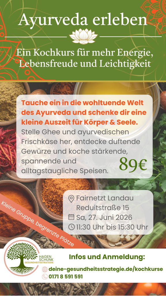 Flyer für den Ayurvedischen Kochkurs in Landau am 27. Juni 2026